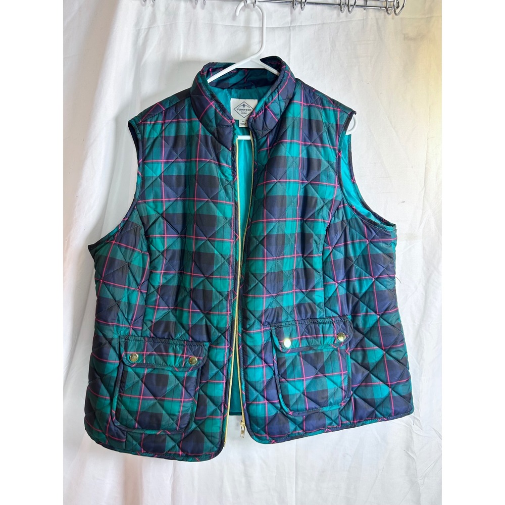 St. Johns Bay Quilted Vest XL Teal Plaid Gold Zip Pockets Womens